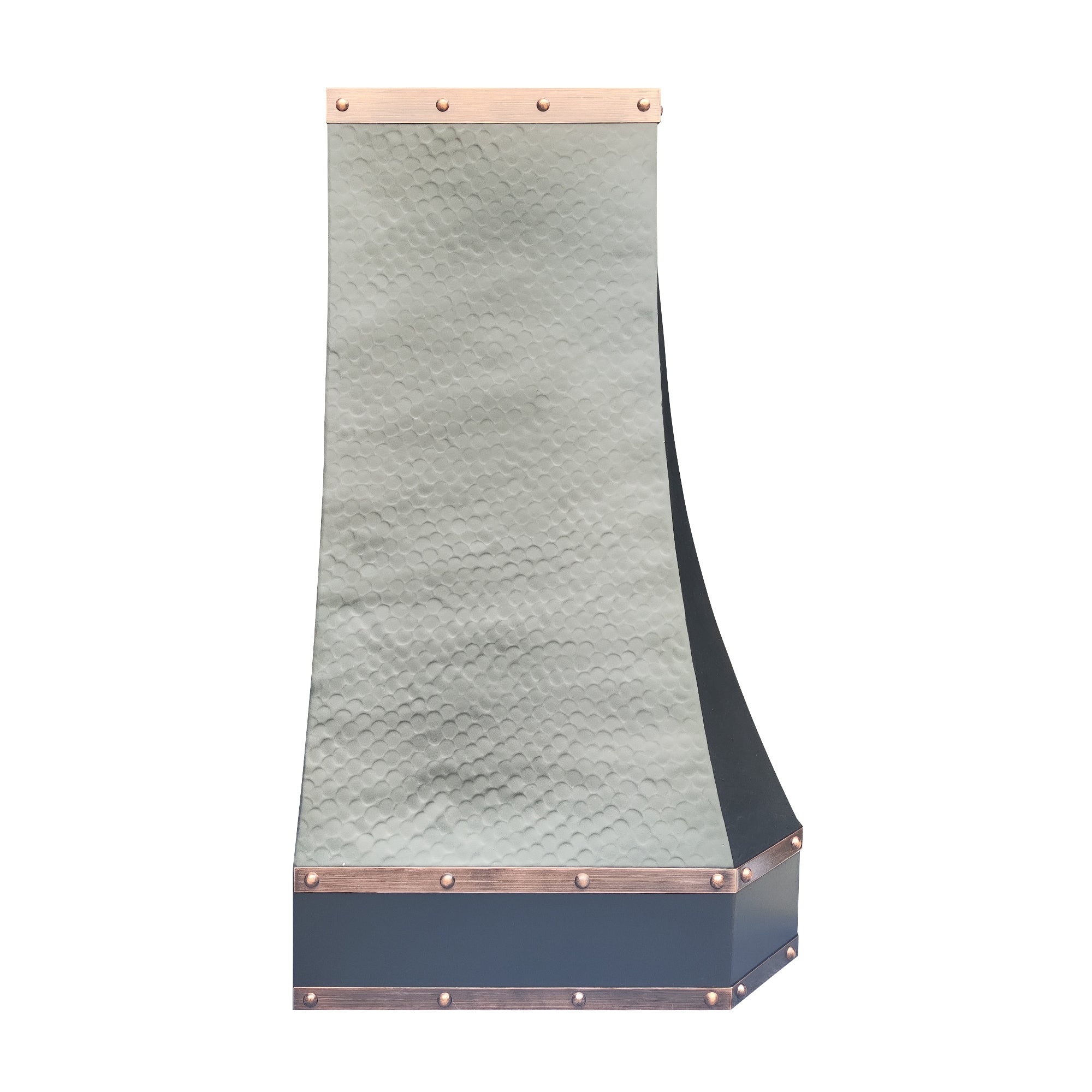 custom hammered copper tapered range hood with copper riveted trim, side view