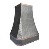 custom hammered copper tapered range hood with copper riveted trim, detailed view