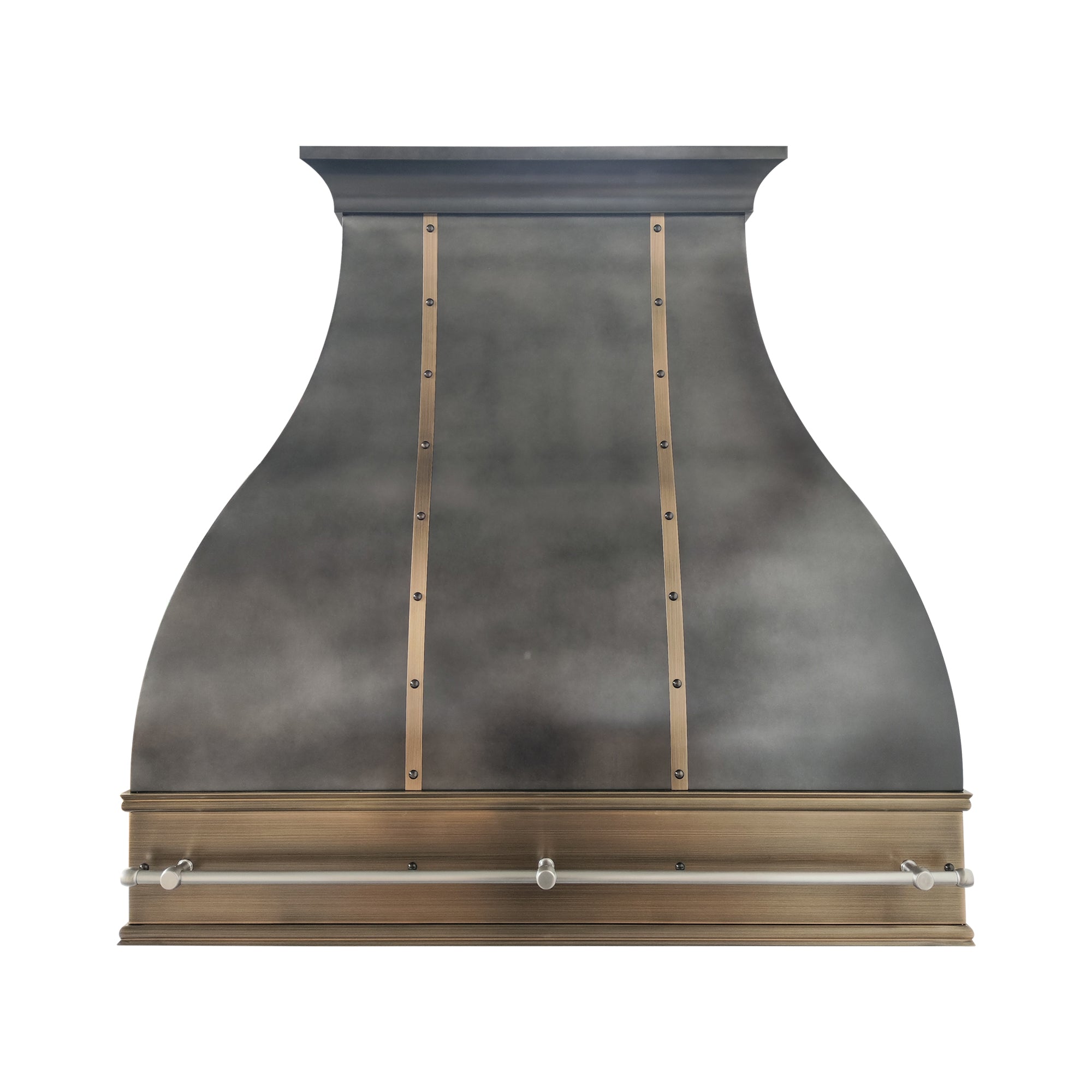 zinc range hood with copper straps and stainless steel pot rail front view