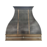 zinc range hood with copper straps and stainless steel pot rail front view