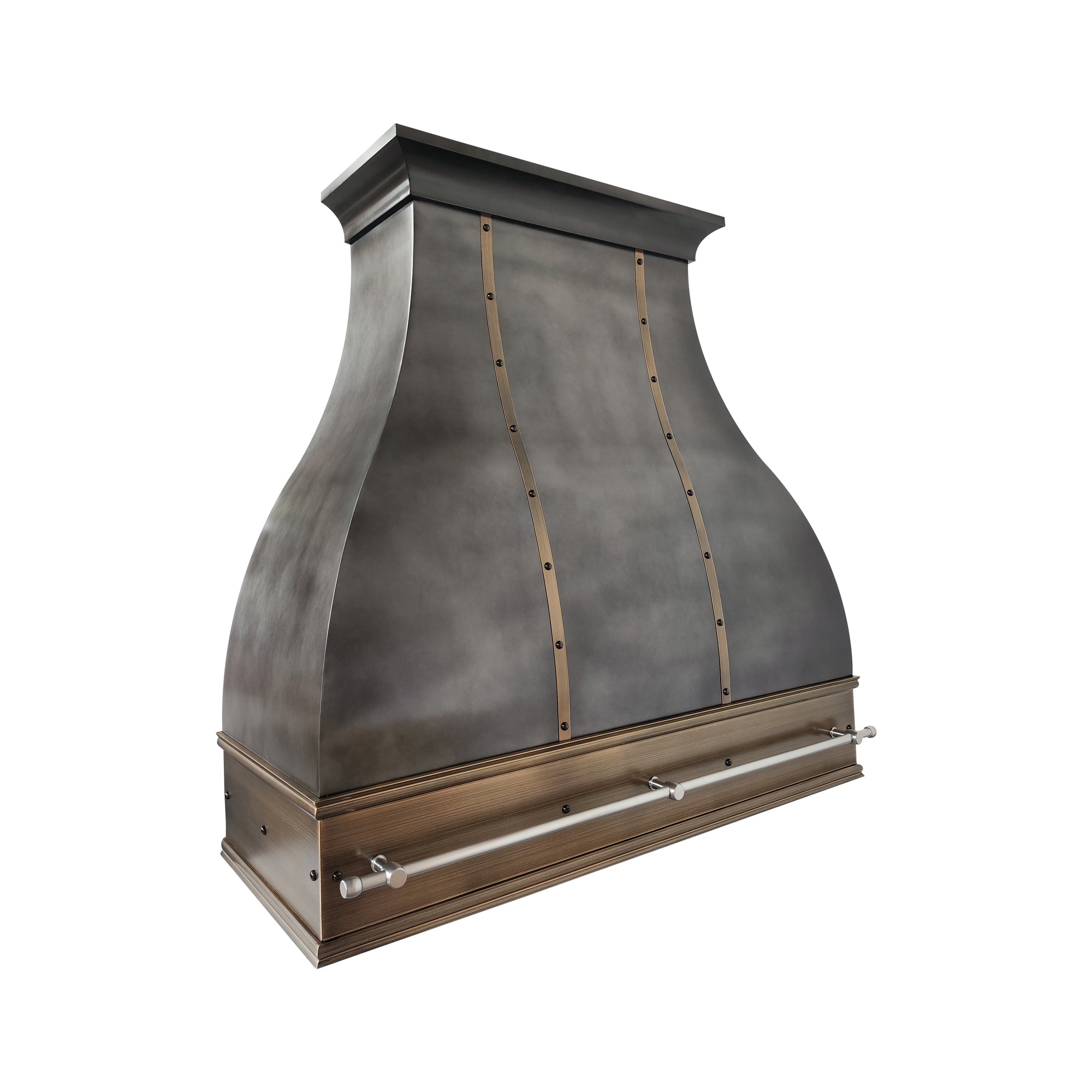 zinc kitchen hood decorated with straps and convenient pot rail
