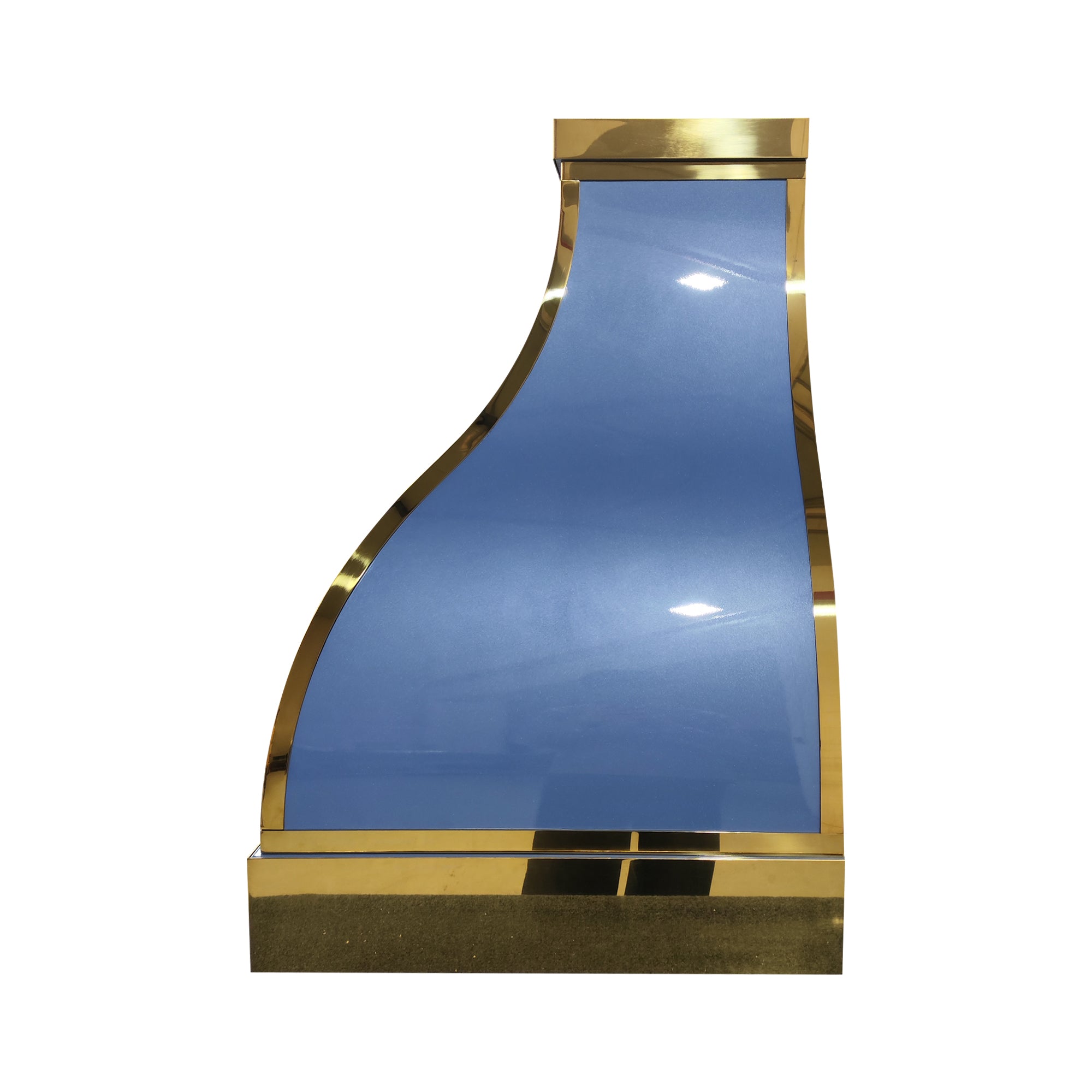 luxury handcrafted blue kitchen vent hood with gold brass accents, arched silhouette