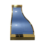 farmhouse-style custom range hood in light blue with polished brass edging, statement kitchen appliance