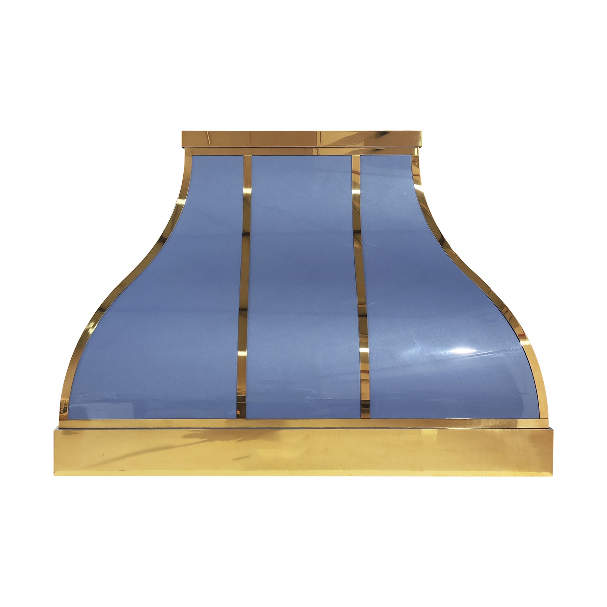 Custom light blue curved range hood with polished brass trim and vertical straps, front view