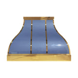 Custom light blue curved range hood with polished brass trim and vertical straps, front view