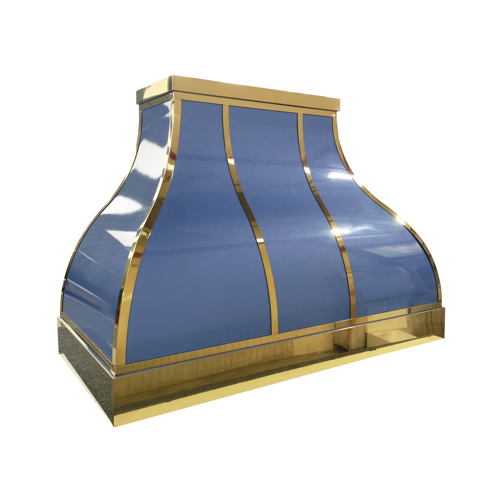 custom light blue curved range hood with polished brass trim and vertical straps, side view