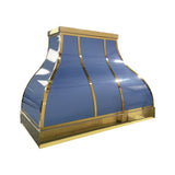 custom light blue curved range hood with polished brass trim and vertical straps, side view