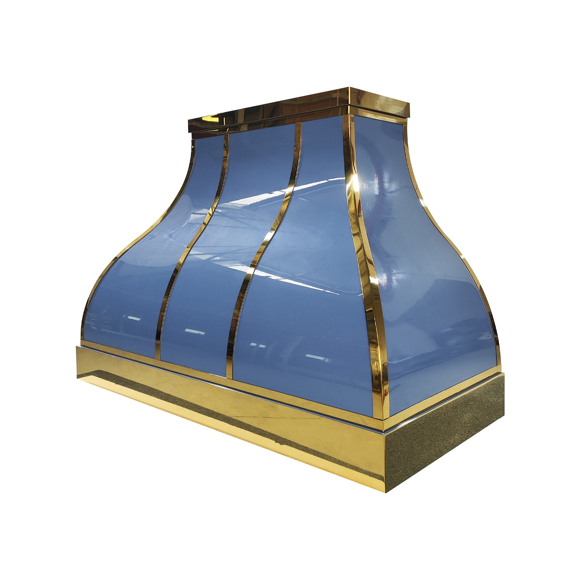 Custom light blue curved range hood with polished brass trim and vertical straps, side view