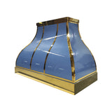 Custom light blue curved range hood with polished brass trim and vertical straps, side view