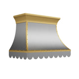 stainless steel vent hood combines brass crown and straps with polished square rivets