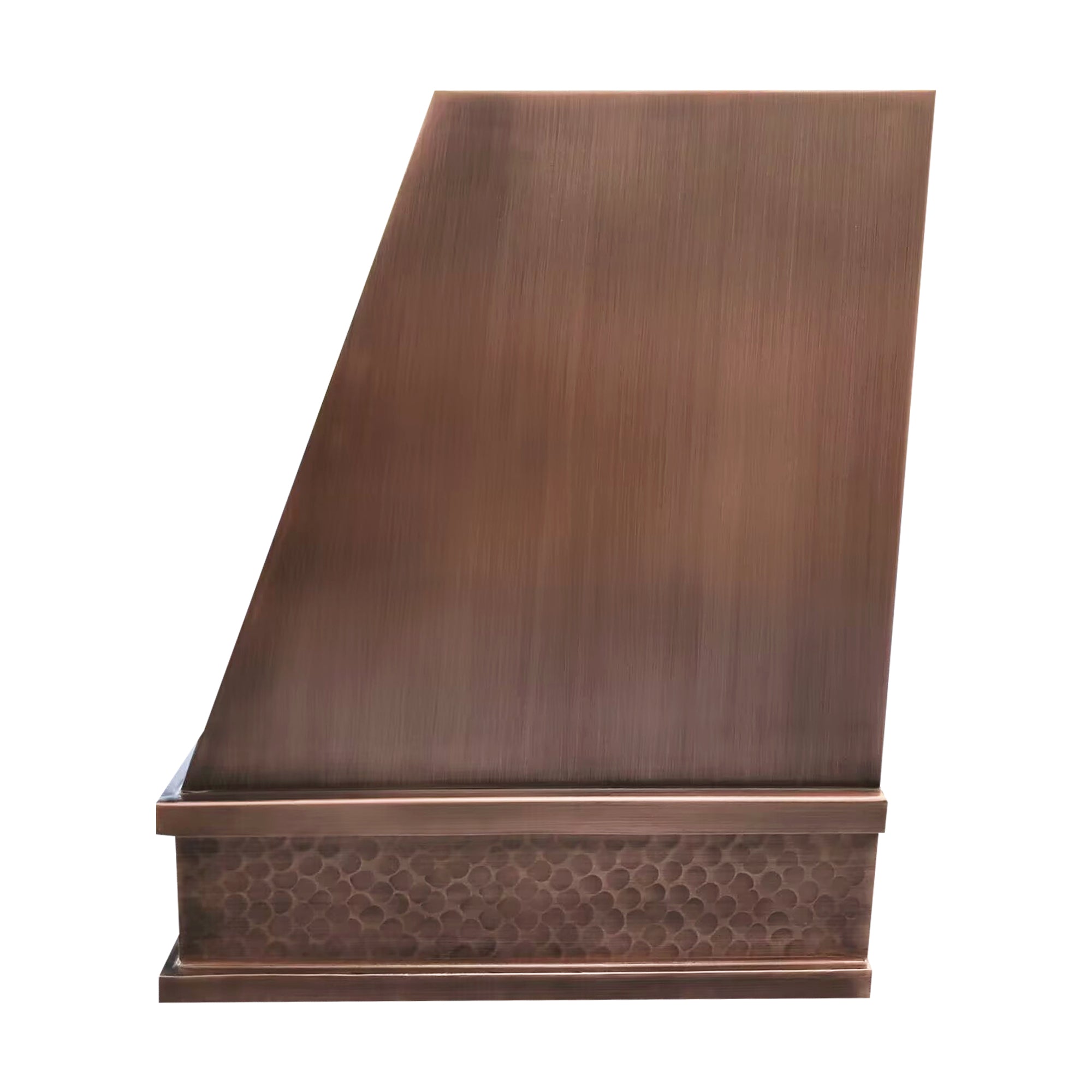 medium copper vent hood with geometric design and hammered texture,brushed hood body and hammered apron side view