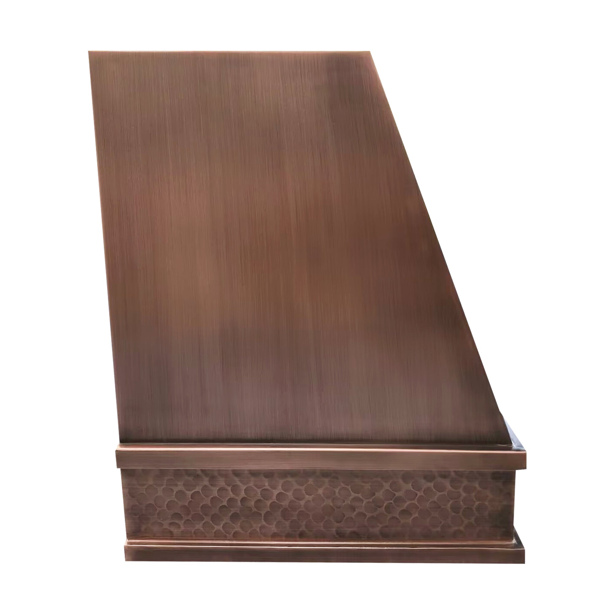 medium copper vent hood with geometric design and hammered texture,brushed hood body and hammered apron side view