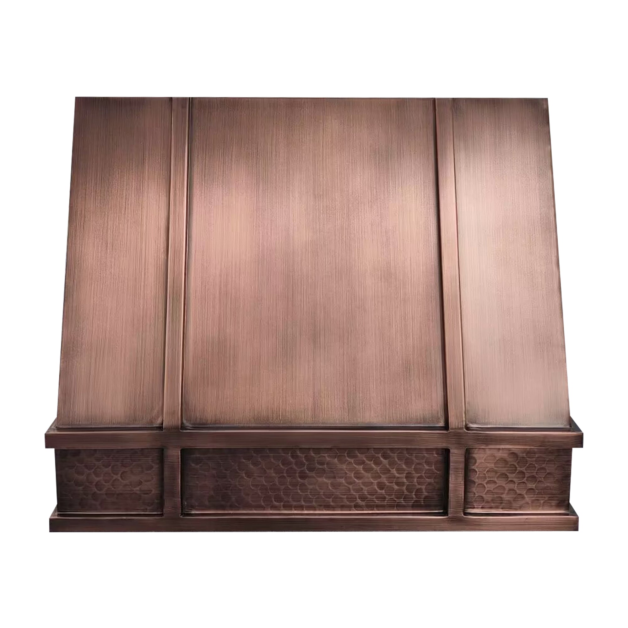 medium copper vent hood with geometric design and hammered texture front view