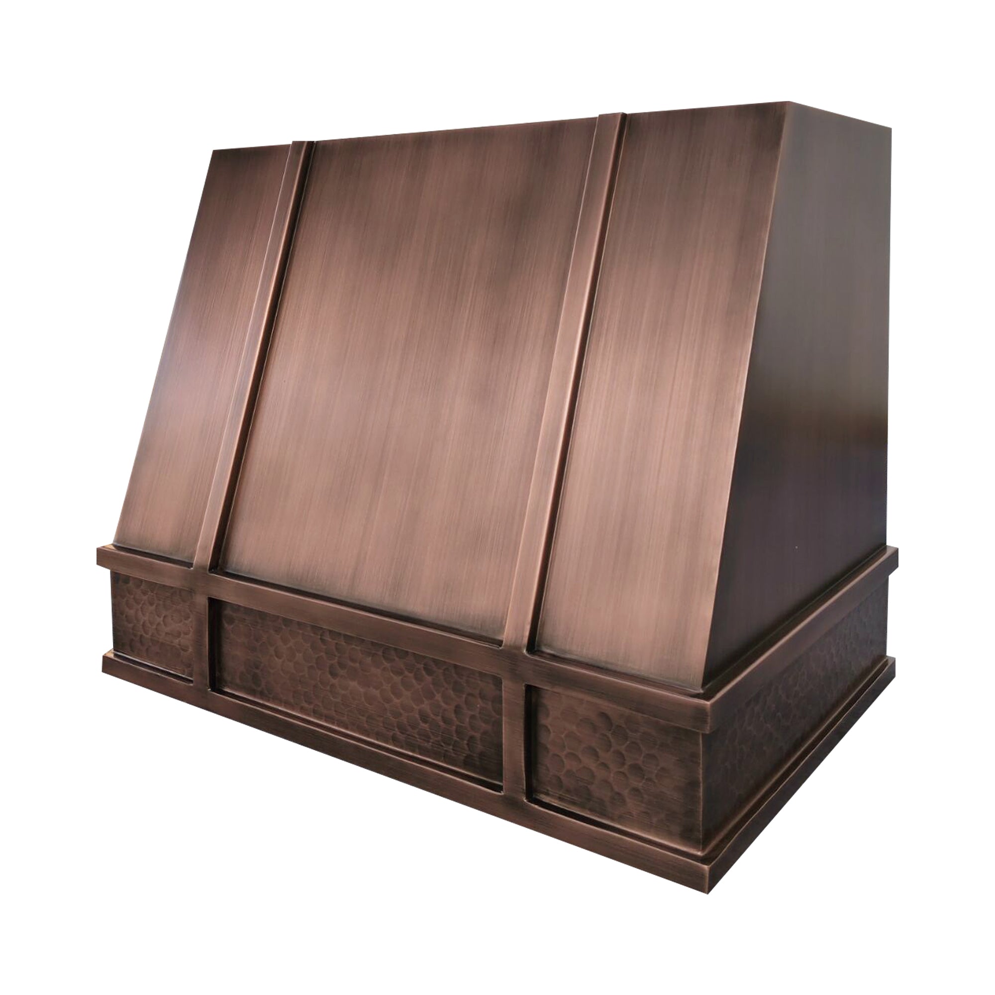 medium copper vent hood with geometric design and hammered texture,brushed hood body and hammered apron side view