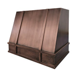 medium copper vent hood with geometric design and hammered texture,brushed hood body and hammered apron side view