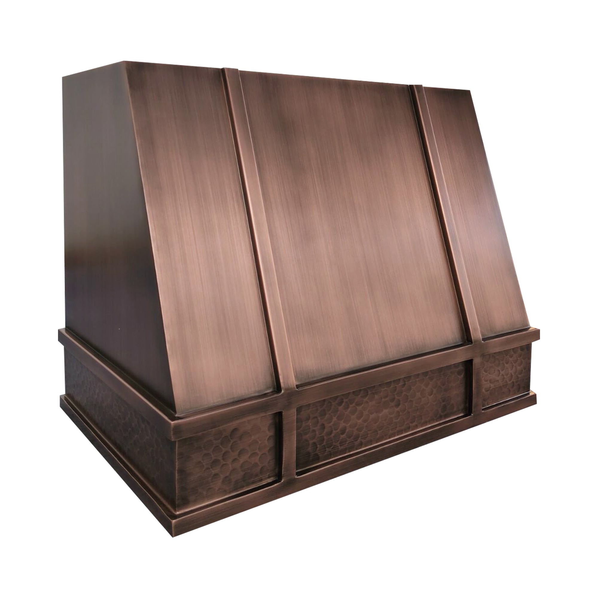 medium copper vent hood with geometric design and hammered texture,brushed hood body and hammered apron side view