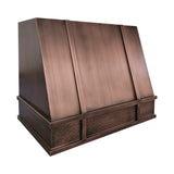 medium copper vent hood with geometric design and hammered texture,brushed hood body and hammered apron side view