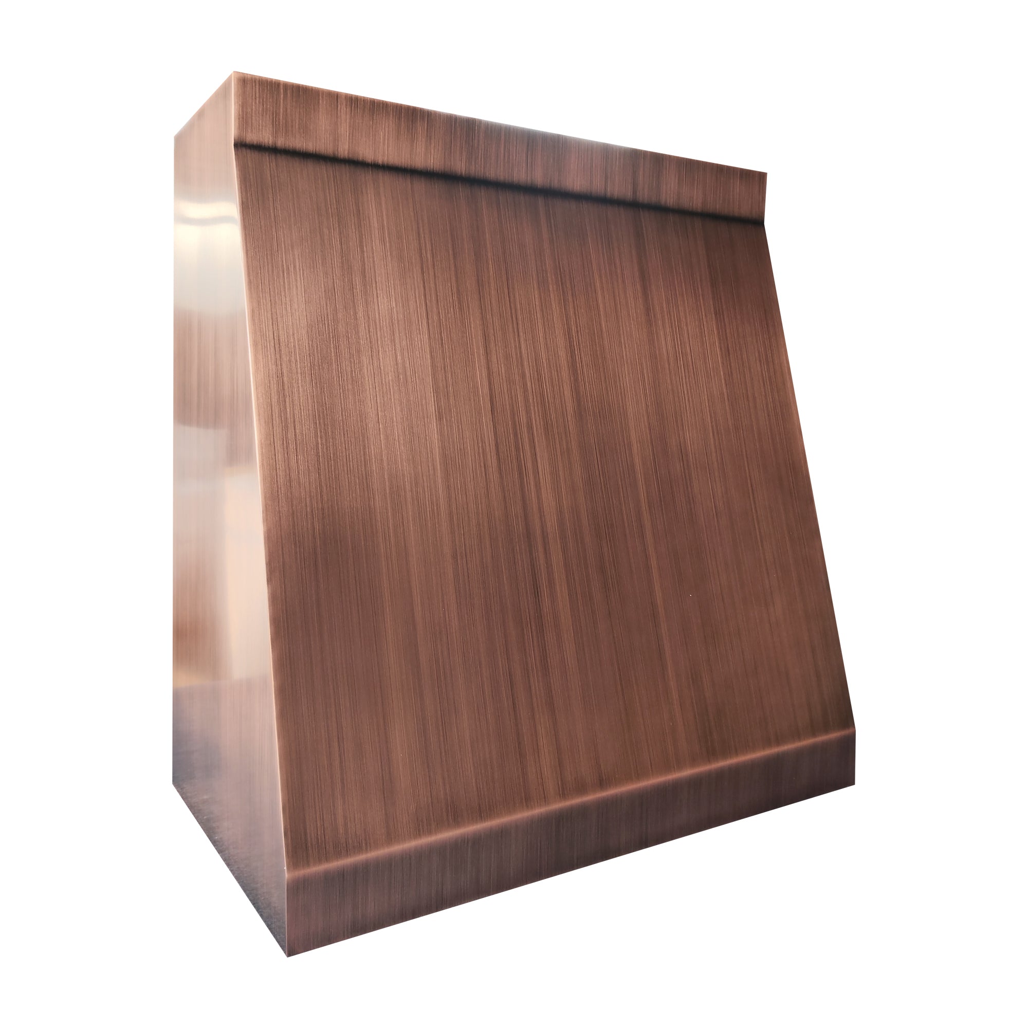 copper vent hood combines brushed front panel and polished side panel