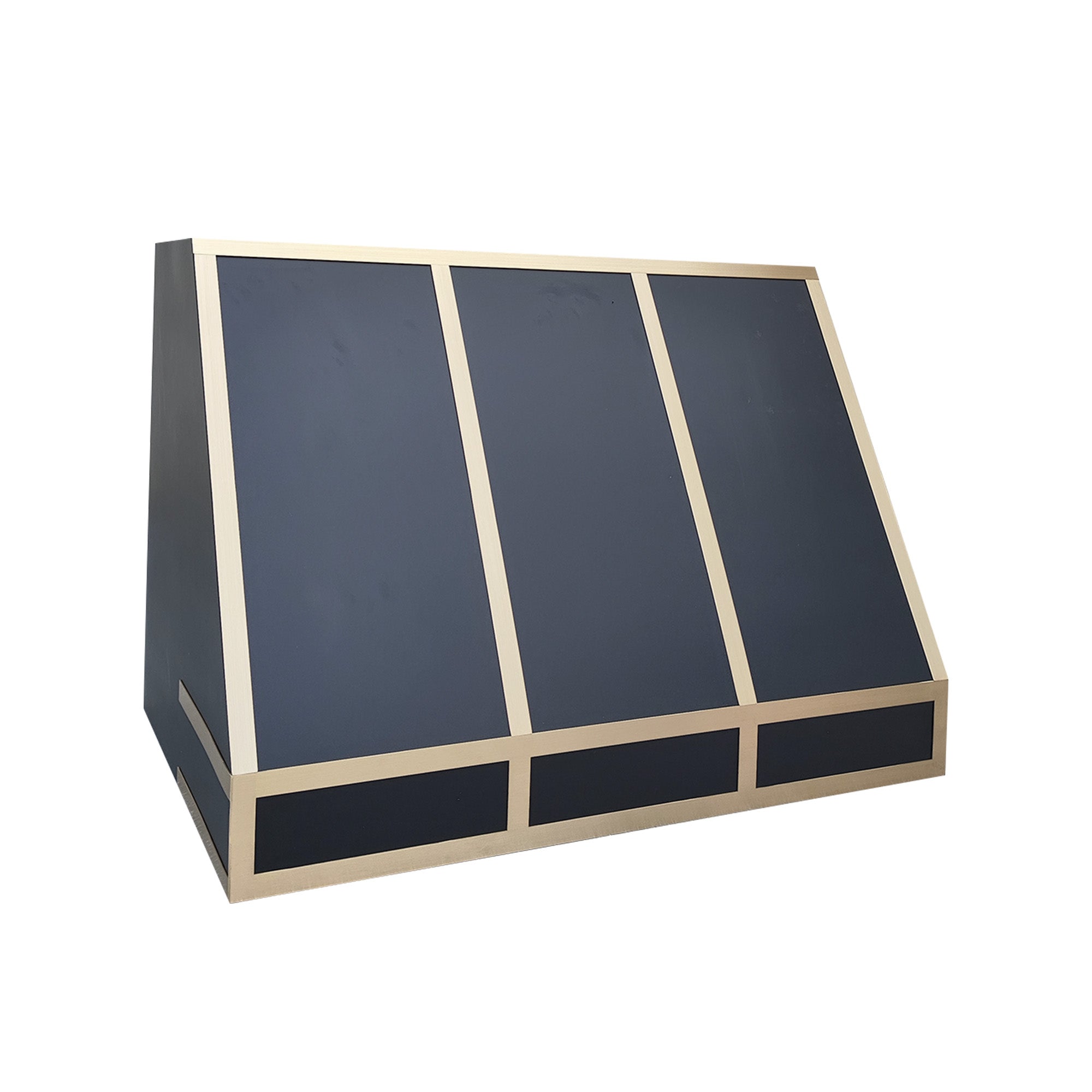 geometric stainless steel range hood with brass straps