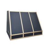 geometric stainless steel range hood with brass straps