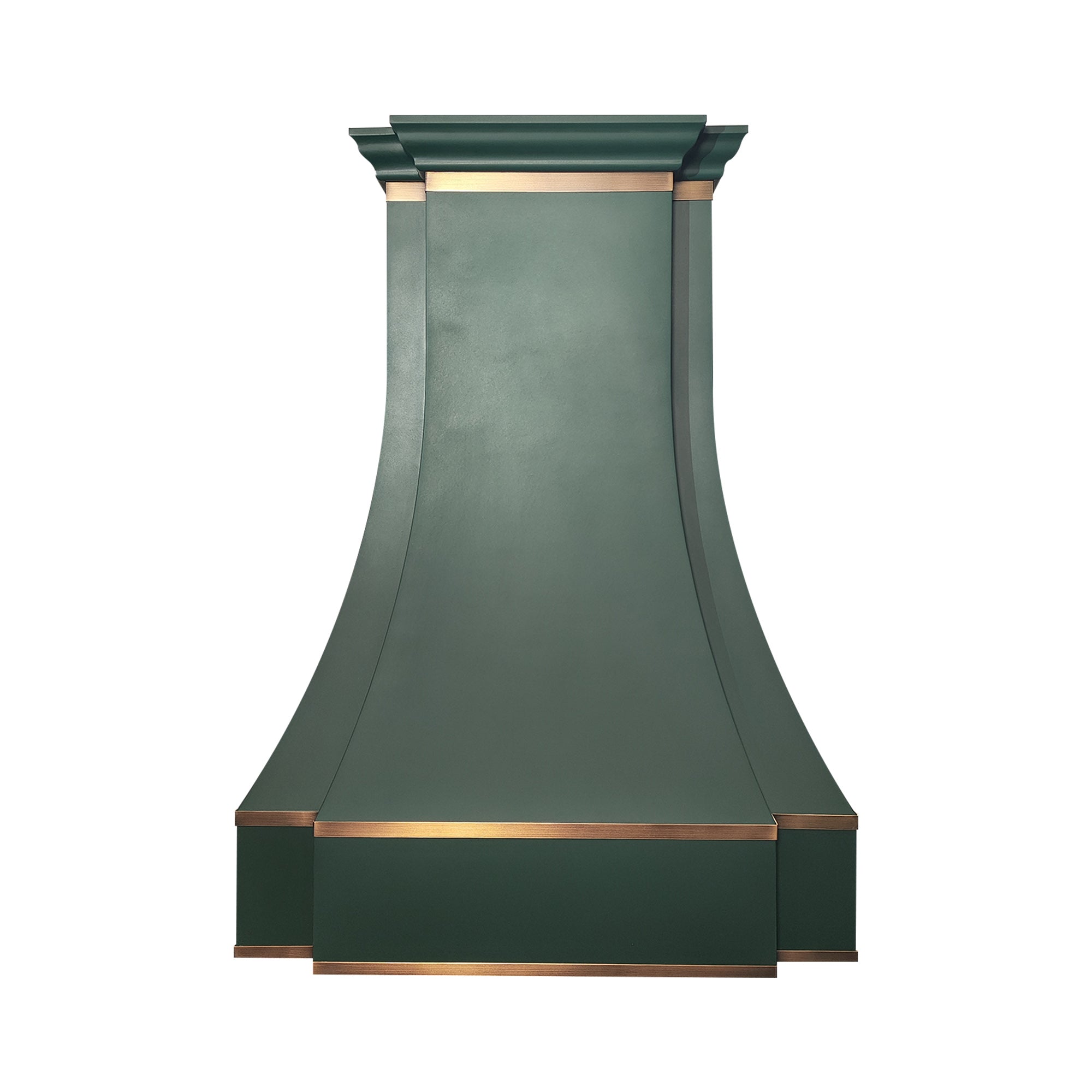 prime green painted structured stainless steel range hood with polished brass trim, bell shape custom kitchen vent hood front view