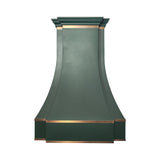 prime green painted structured stainless steel range hood with polished brass trim, bell shape custom kitchen vent hood front view