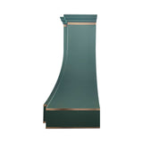prime green painted structured stainless steel range hood with polished brass trim, bell shape custom kitchen vent hood side view