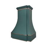 prime green painted structured stainless steel range hood with polished brass trim, bell shape custom kitchen vent hood view