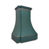 prime green painted structured stainless steel range hood with polished brass trim, bell shape custom kitchen vent hood