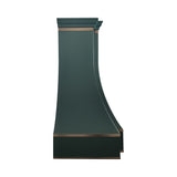 prime green painted structured stainless steel range hood with polished brass trim, bell shape custom kitchen vent hood side view