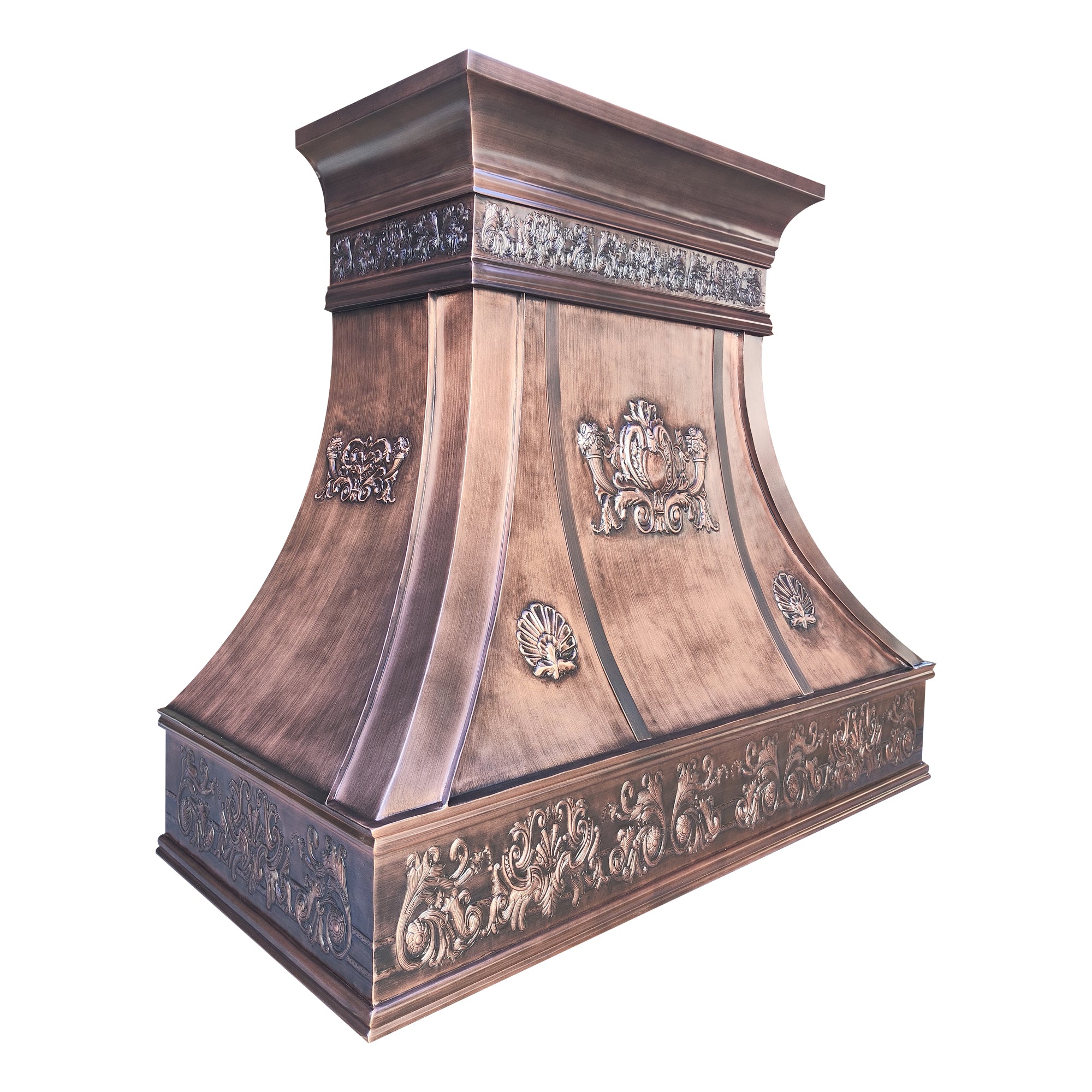handcrafted refined curved antique patina copper range hood, European royal scroll & shell embossed carved luxury traditional kitchen vent hood