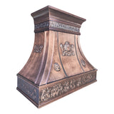 handcrafted refined curved antique patina copper range hood, European royal scroll & shell embossed carved luxury traditional kitchen vent hood