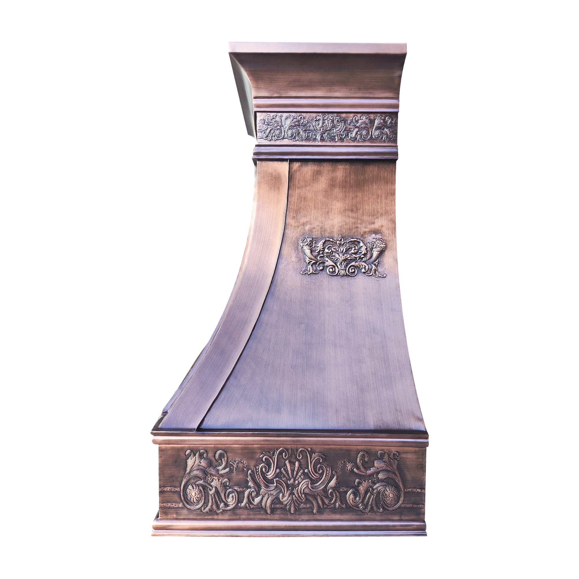 handcrafted refined curved antique patina copper range hood, European royal scroll & shell embossed carved luxury traditional kitchen vent hood side view