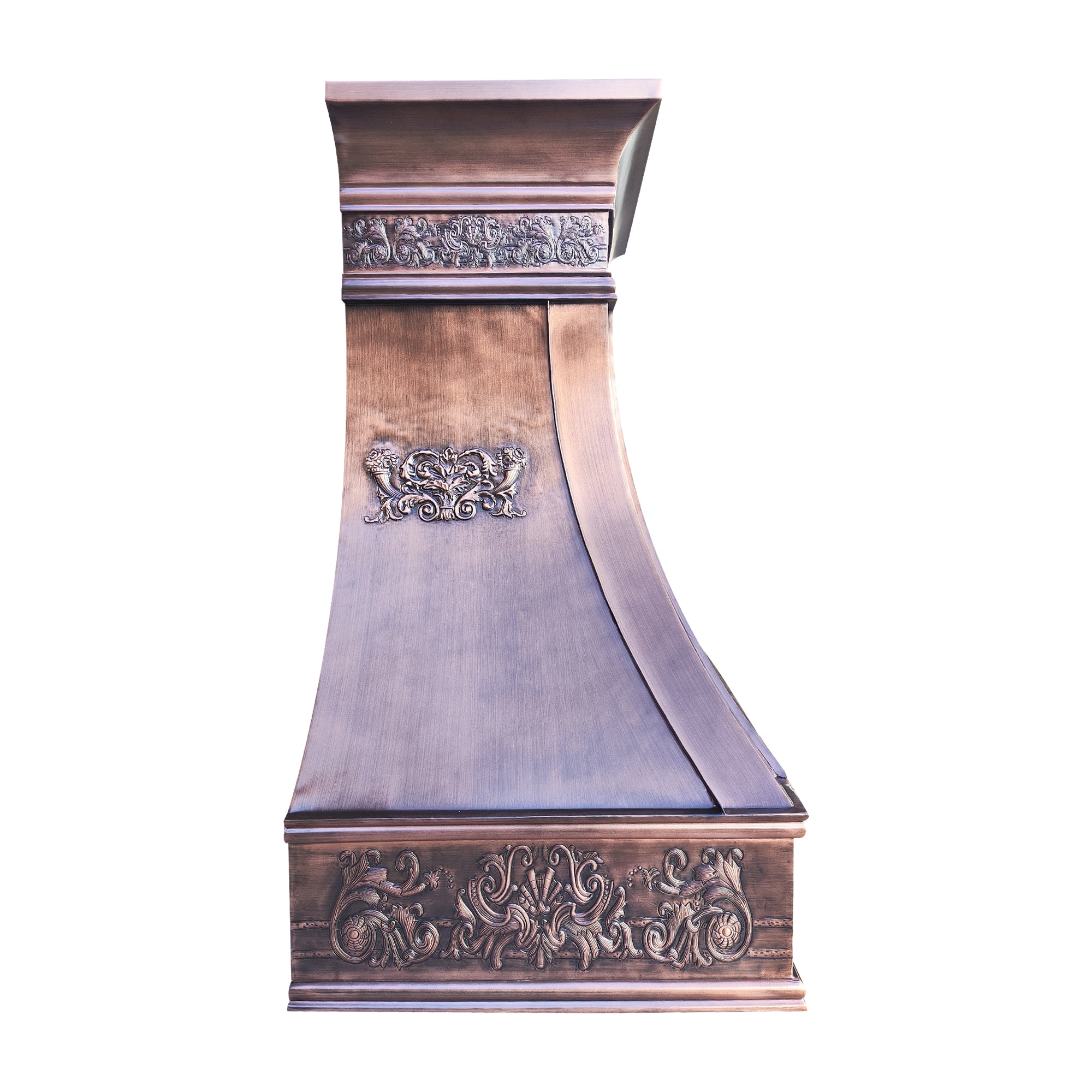 handcrafted refined curved antique patina copper range hood, European royal scroll & shell embossed carved luxury traditional kitchen vent hood side view
