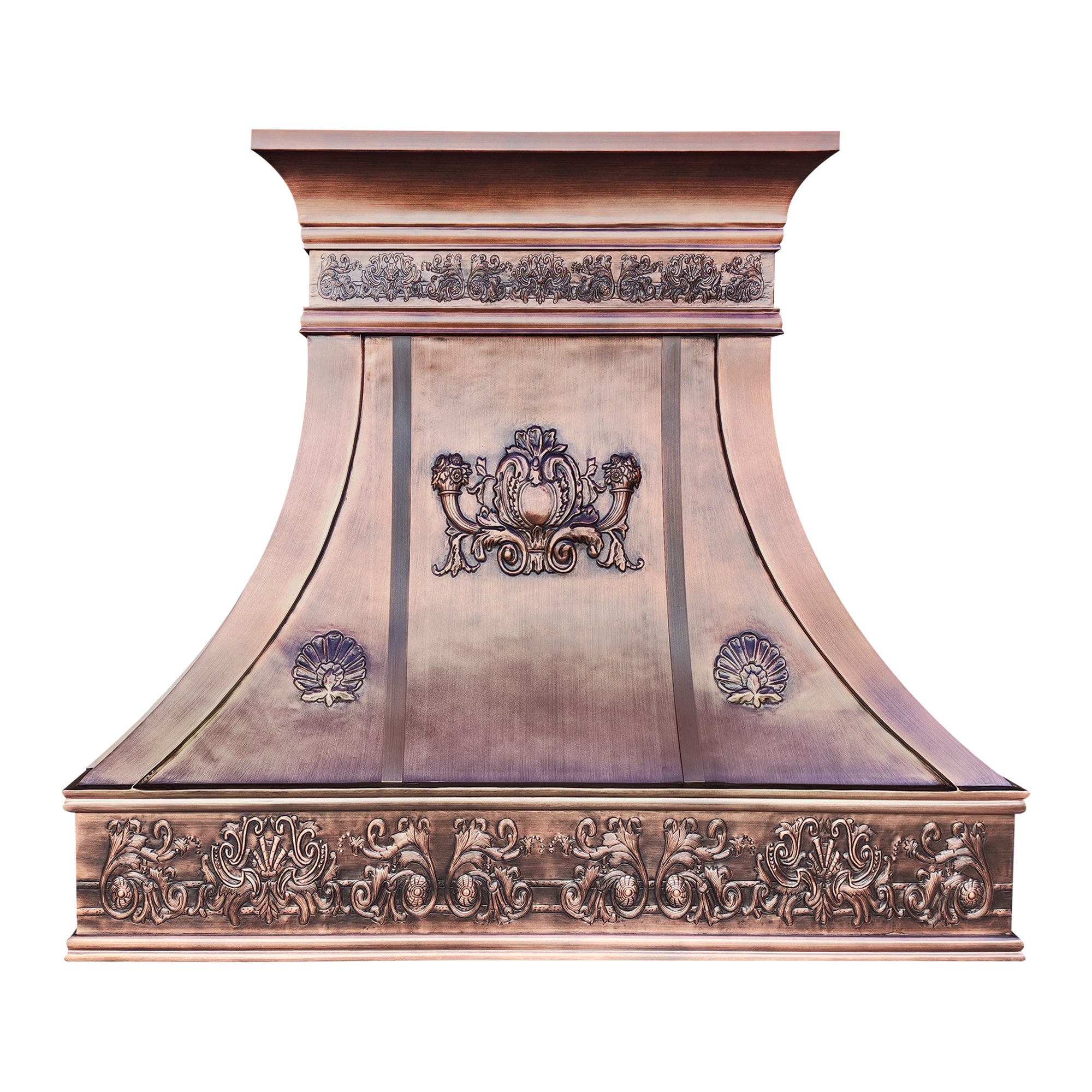 antique copper curved range hood with ornate hand carved classical relief front view