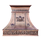 antique copper curved range hood with ornate hand carved classical relief front view