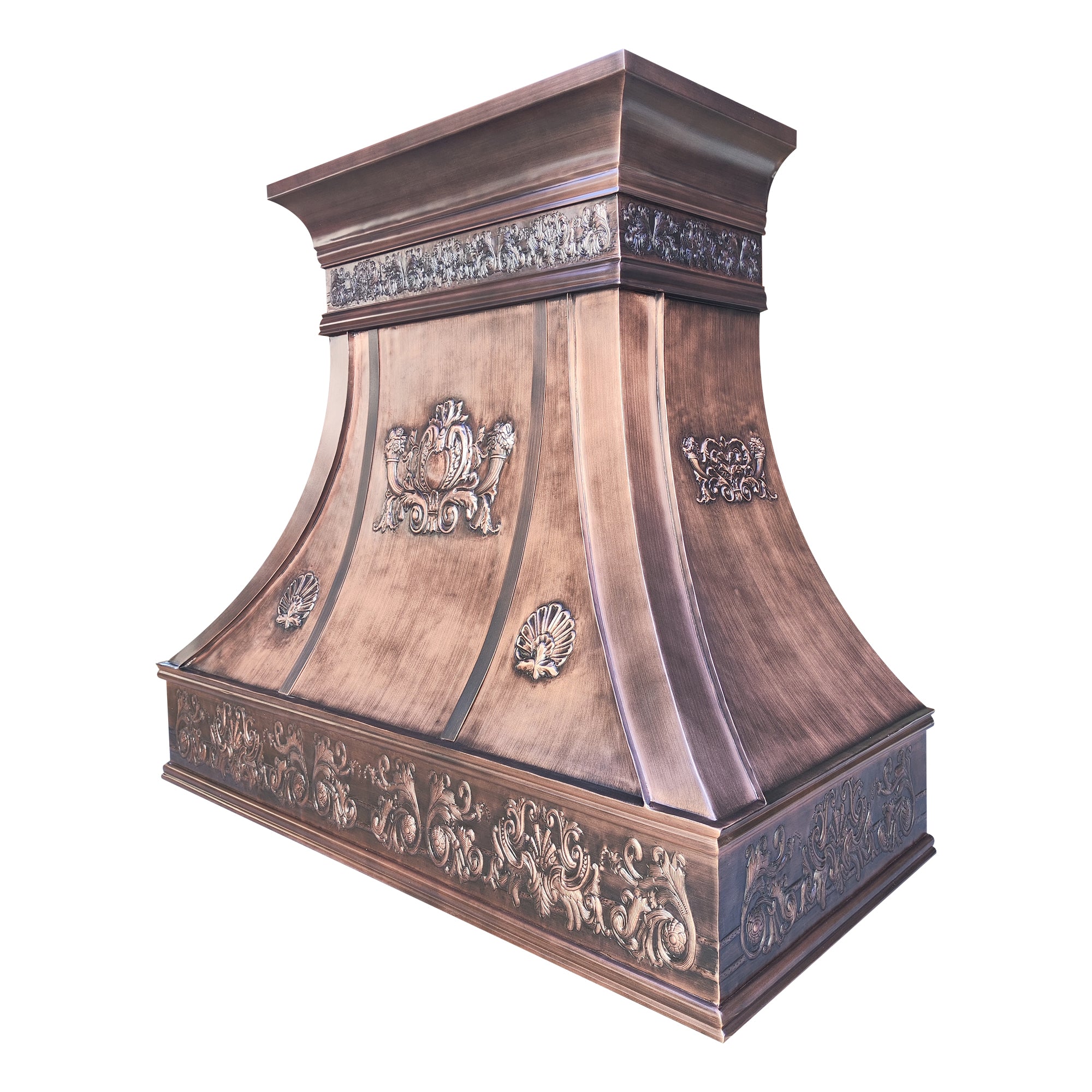 handcrafted refined curved antique patina copper range hood, European royal scroll & shell embossed carved luxury traditional kitchen vent hood