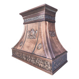 handcrafted refined curved antique patina copper range hood, European royal scroll & shell embossed carved luxury traditional kitchen vent hood