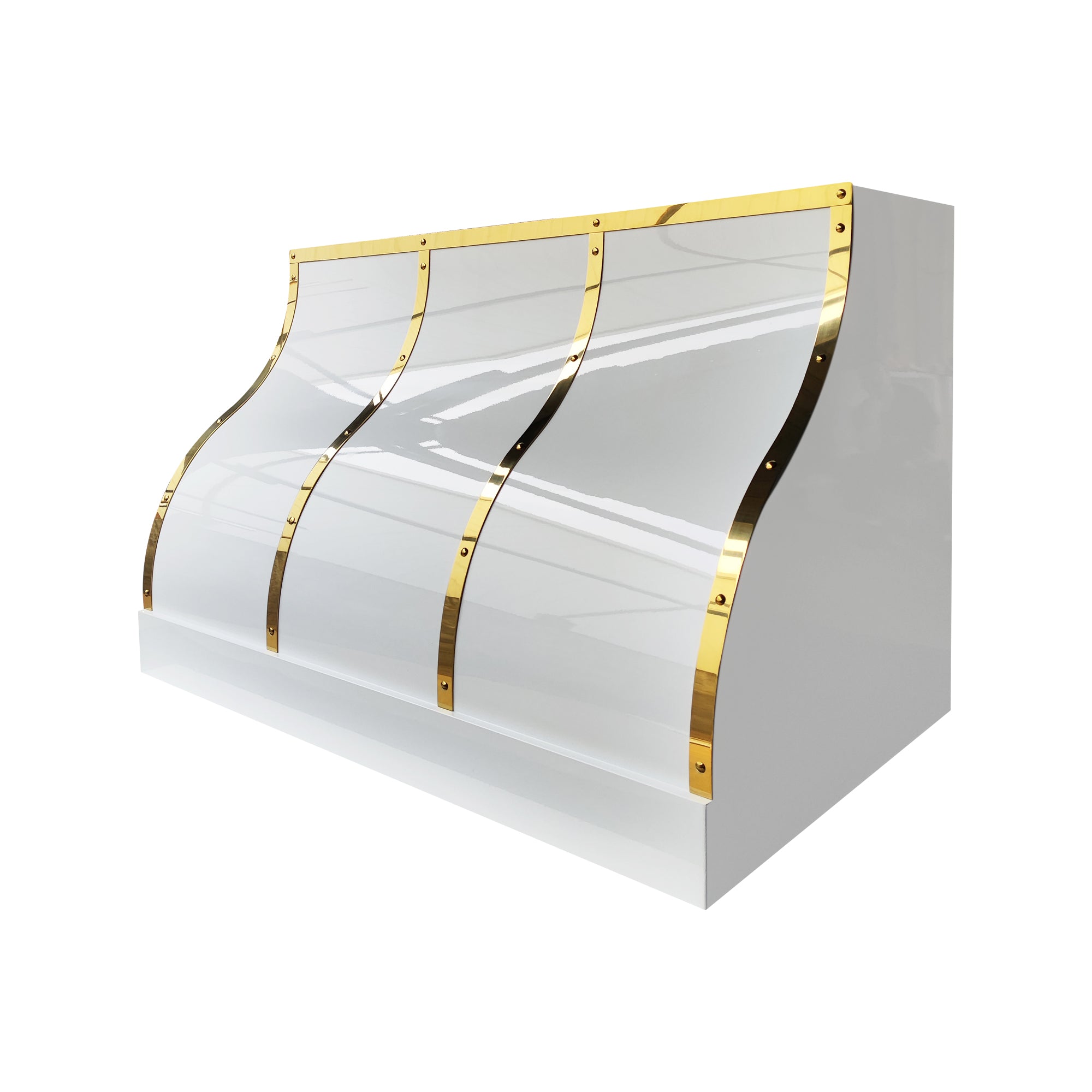 white stainless steel range hood with brass straps