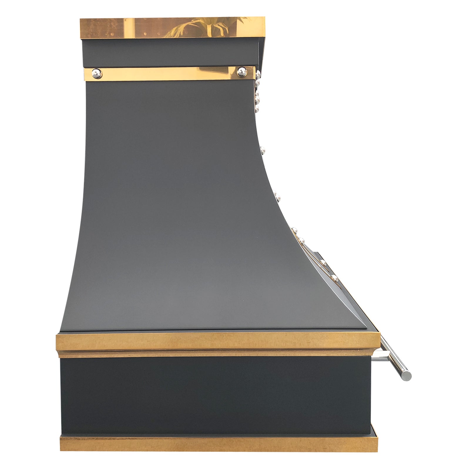 stainless steel range hood with matte black finish, polished brass straps and rivet details, luxury handcrafted kitchen vent hood side view
