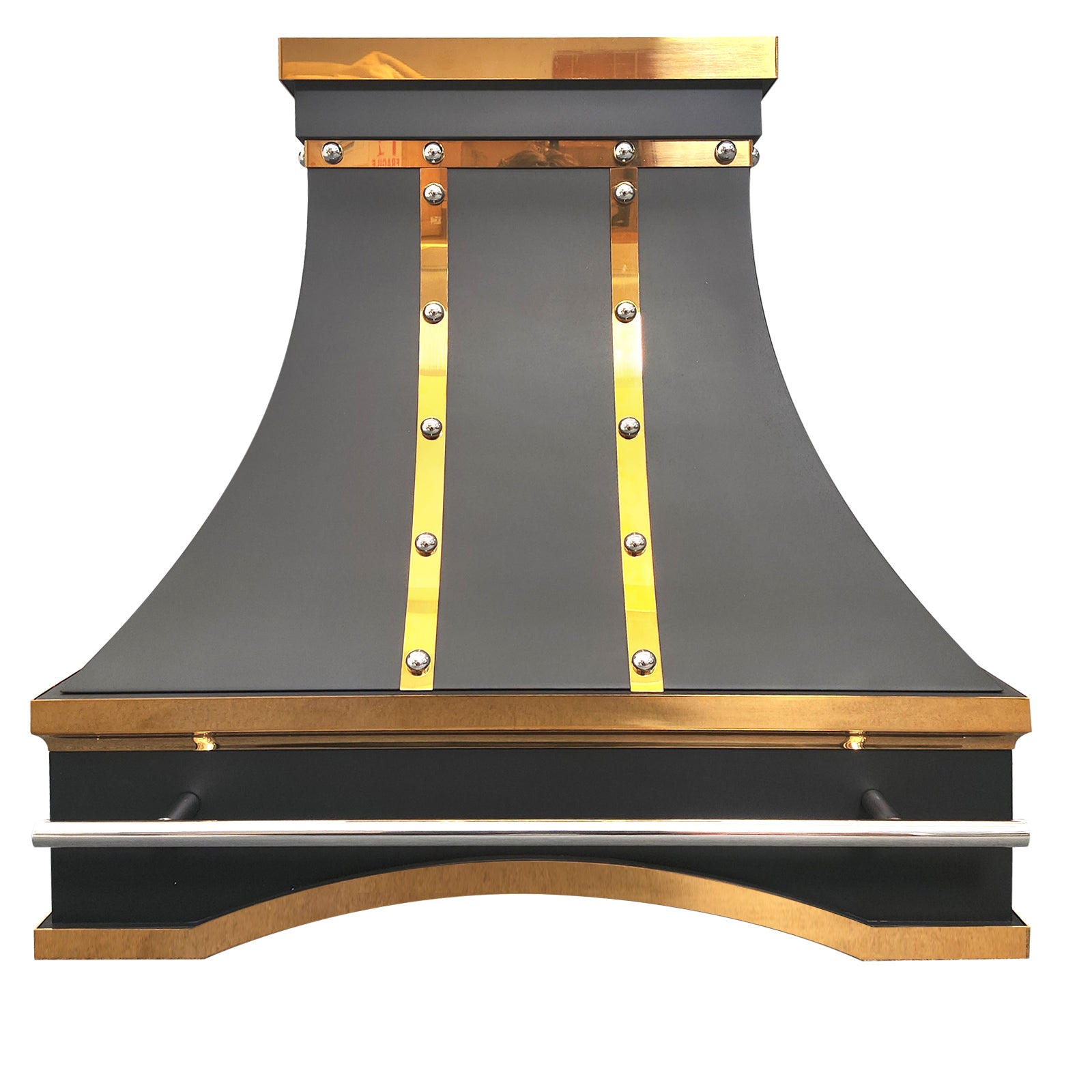 custom stainless steel range hood with matte black finish, polished brass straps and rivet details, luxury handcrafted kitchen vent hood