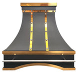 custom stainless steel range hood with matte black finish, polished brass straps and rivet details, luxury handcrafted kitchen vent hood
