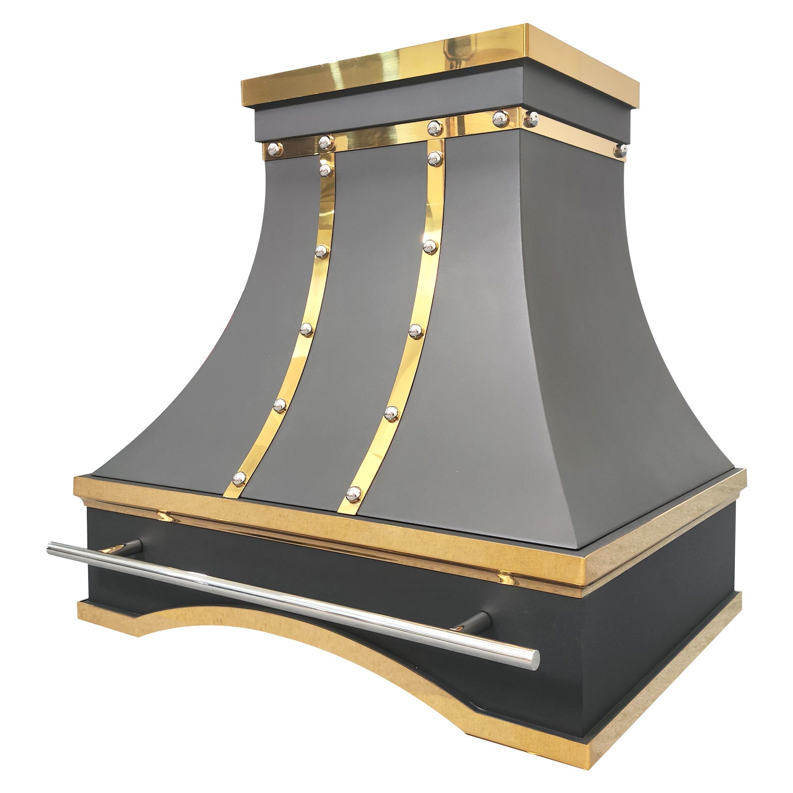 stainless steel range hood with matte black finish, polished brass straps and rivet details, luxury handcrafted kitchen vent hood