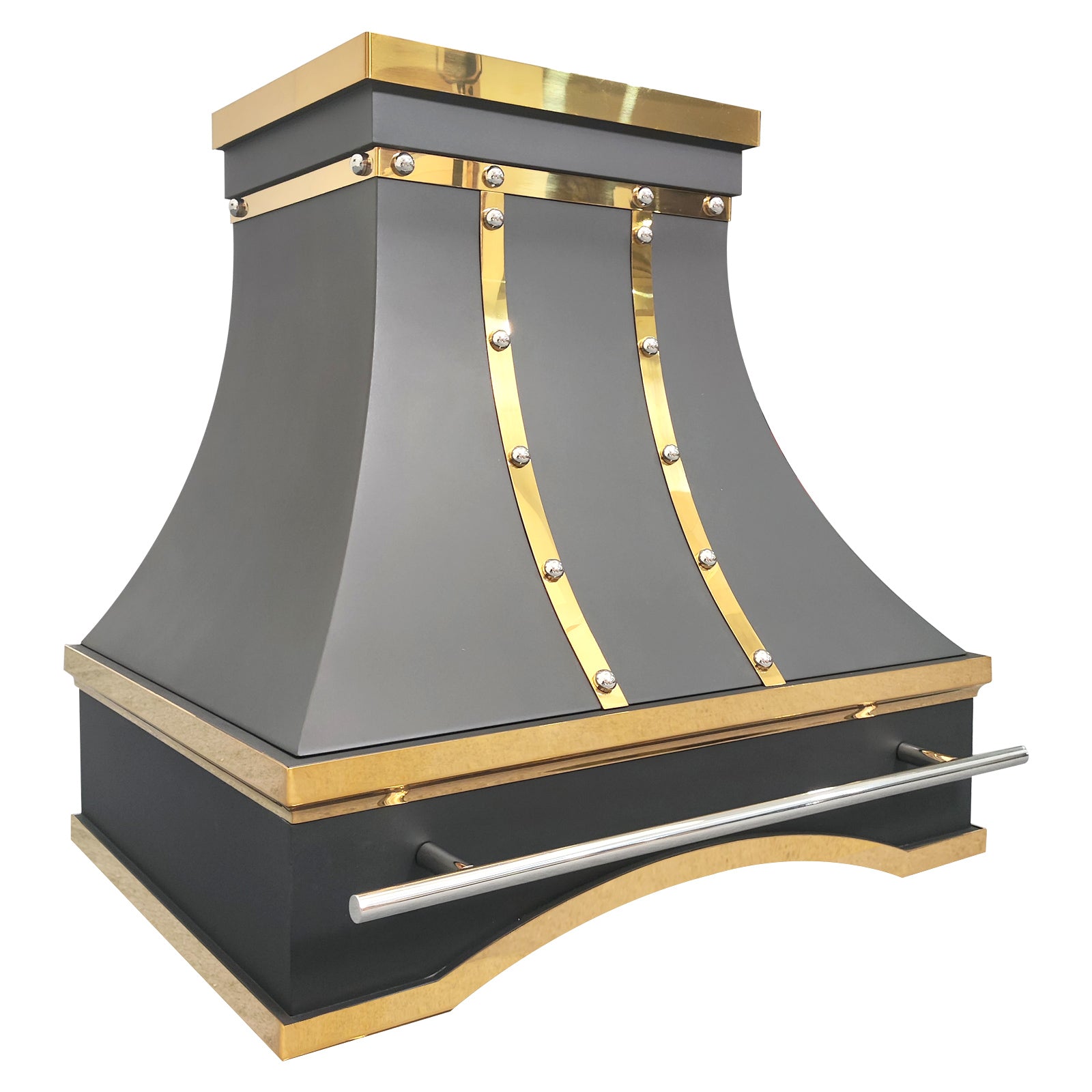 stainless steel range hood with matte black finish, polished brass straps and rivet details, luxury handcrafted kitchen vent hood