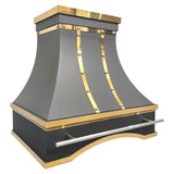 stainless steel range hood with matte black finish, polished brass straps and rivet details, luxury handcrafted kitchen vent hood