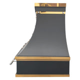 stainless steel range hood with matte black finish, polished brass straps and rivet details, luxury handcrafted kitchen vent hood side view