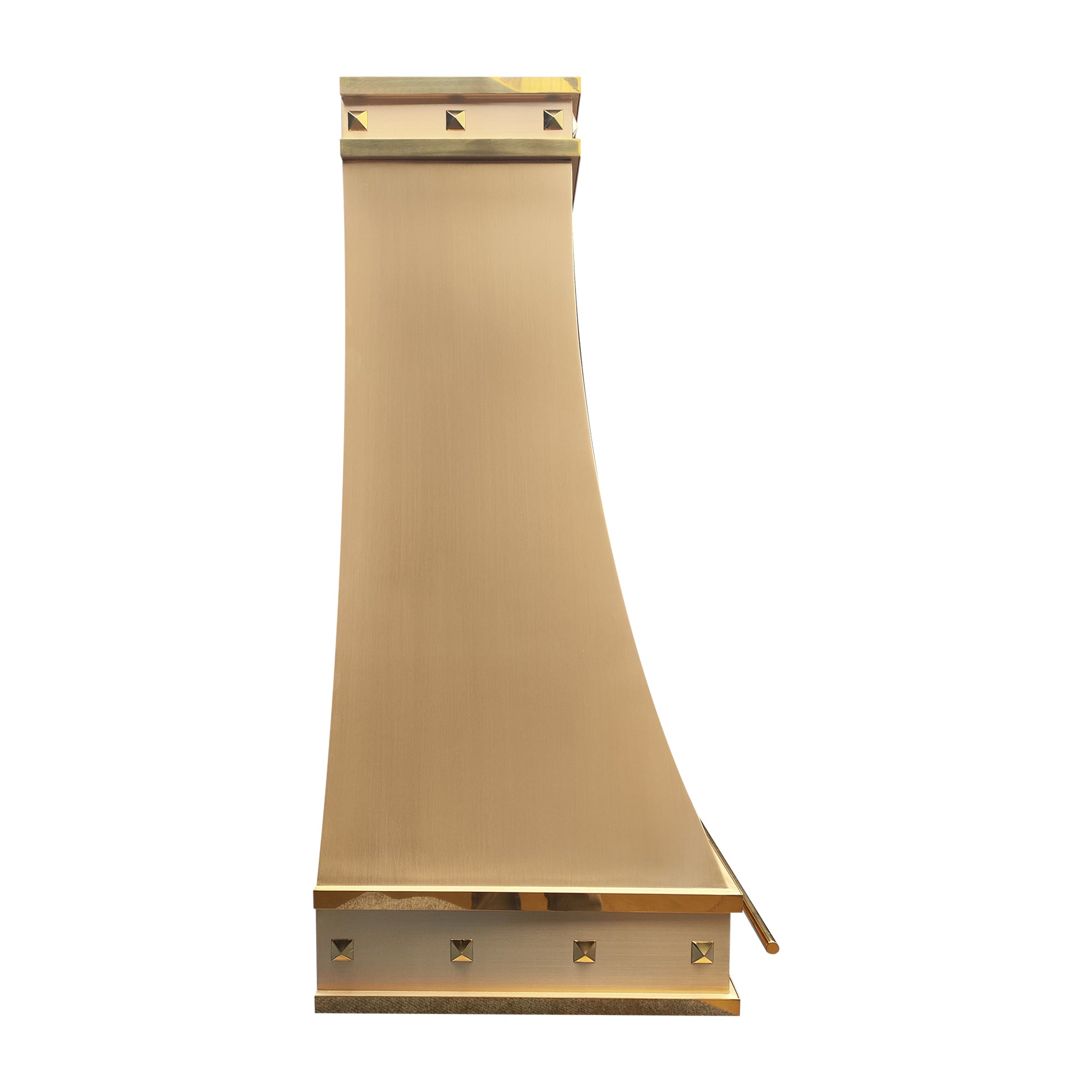 polished square rivets decorated brass vent hood with optional pot rail side view