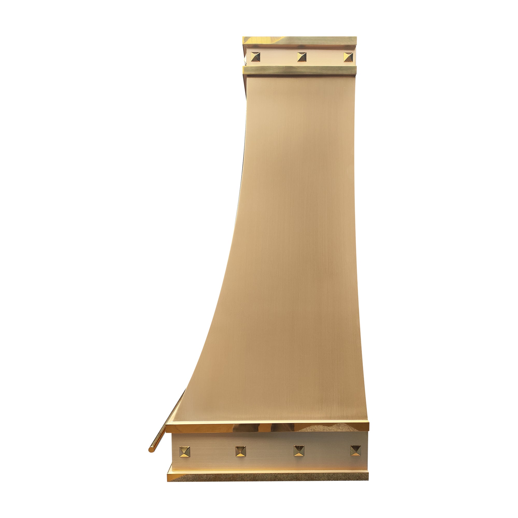 polished square rivets decorated brass vent hood with optional pot rail side view