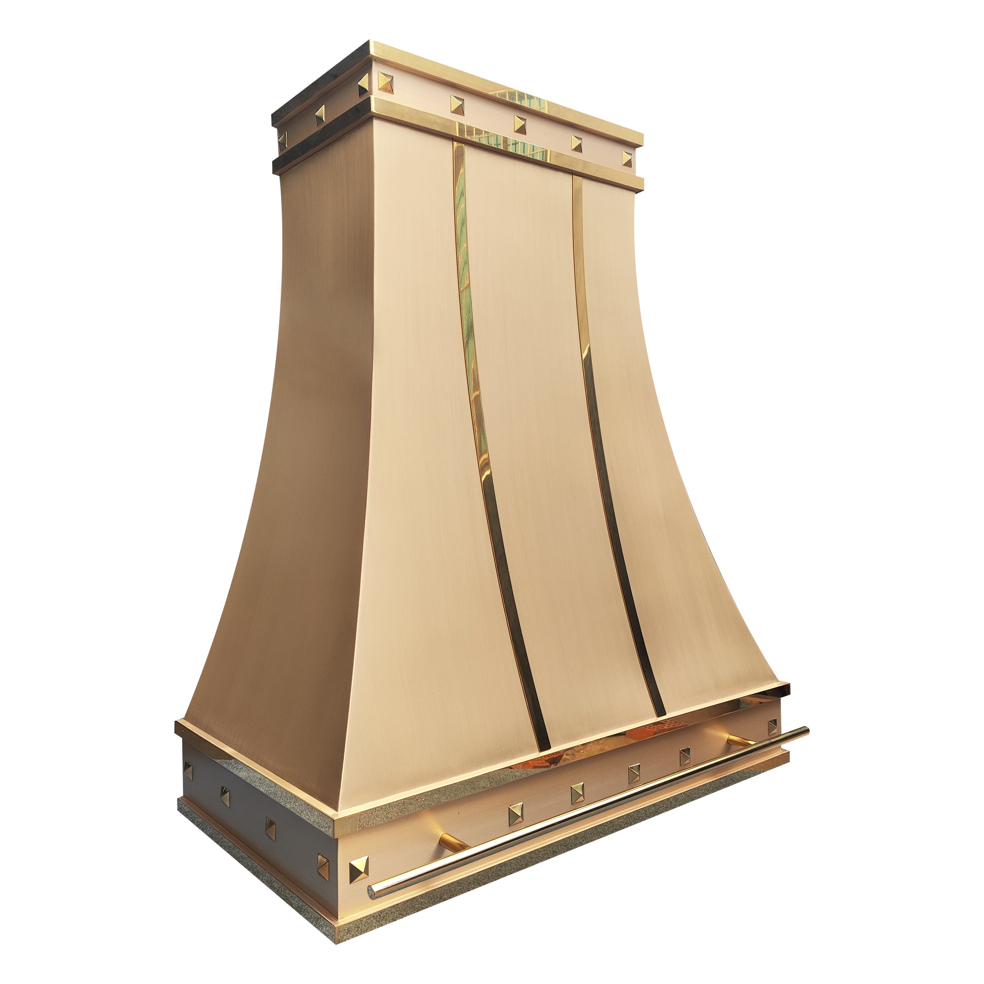 polished square rivets decorated brushed brass vent hood with optional pot rail