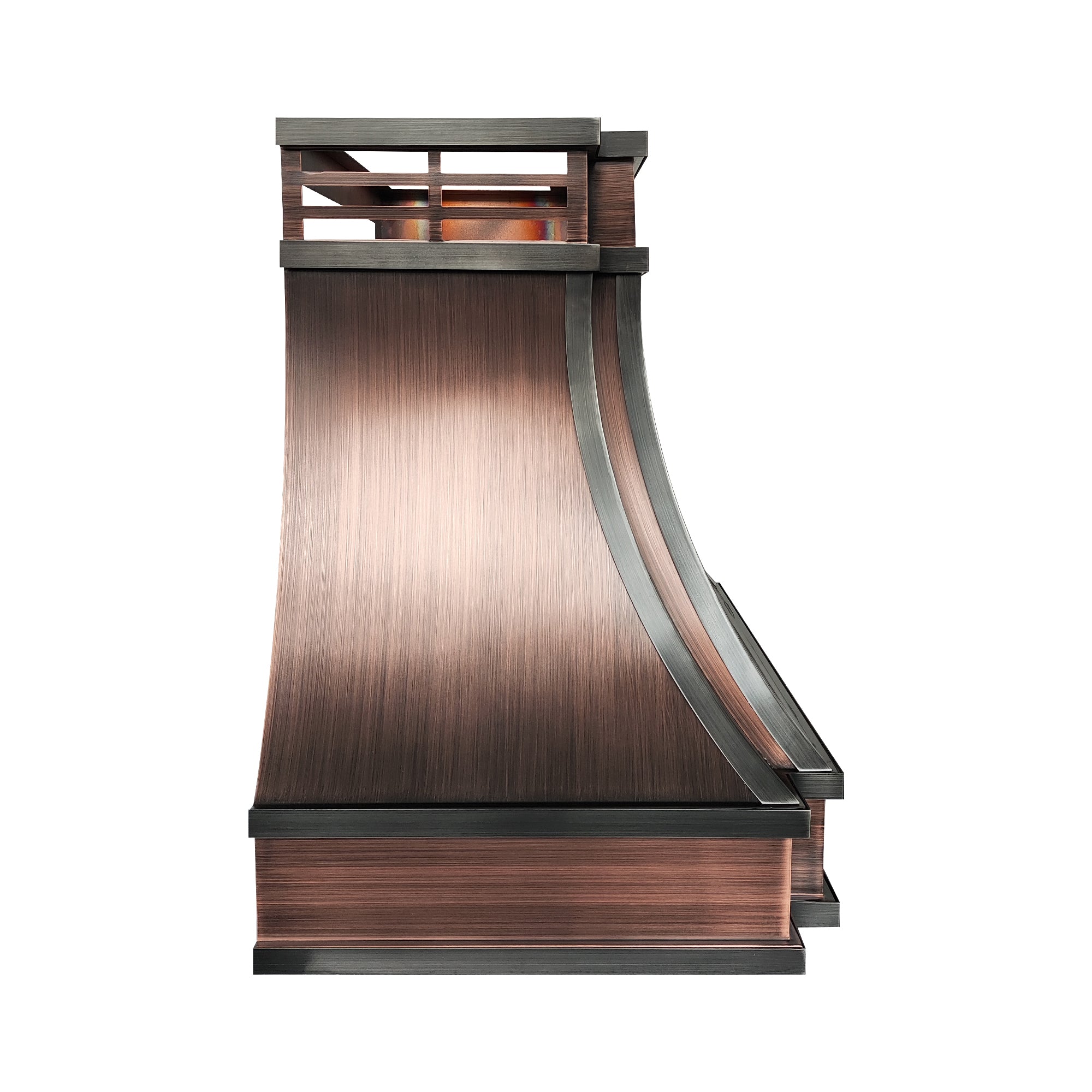 antiqued brushed copper custom curved range hood with dark gunmetal trim side view